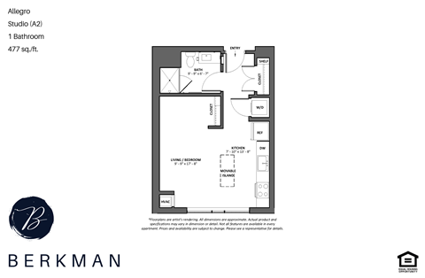 Floor plan for studio, 1 bath, 477 sqft